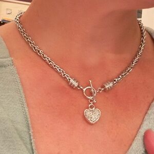 925 silver braided chain with pave diamond heart and barrels necklace.